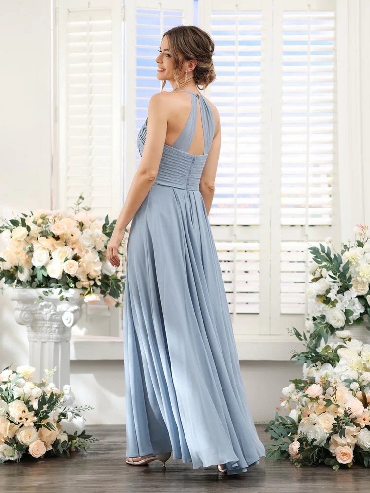 A-Line/Princess Halter Sleeveless Floor-Length Chiffon Bridesmaid Dresses with Ruched - Image 3