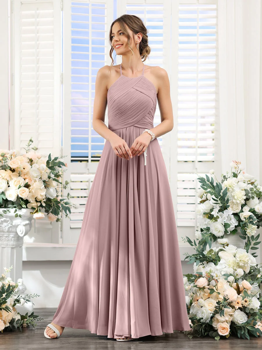A-Line/Princess Halter Sleeveless Floor-Length Chiffon Bridesmaid Dresses with Ruched - Image 30