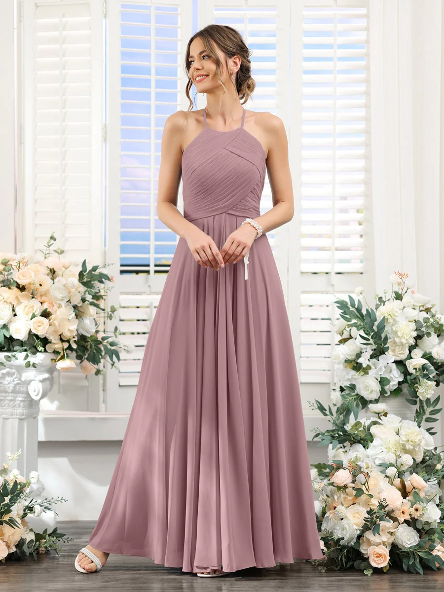 A-Line/Princess Halter Sleeveless Floor-Length Chiffon Bridesmaid Dresses with Ruched - Image 31