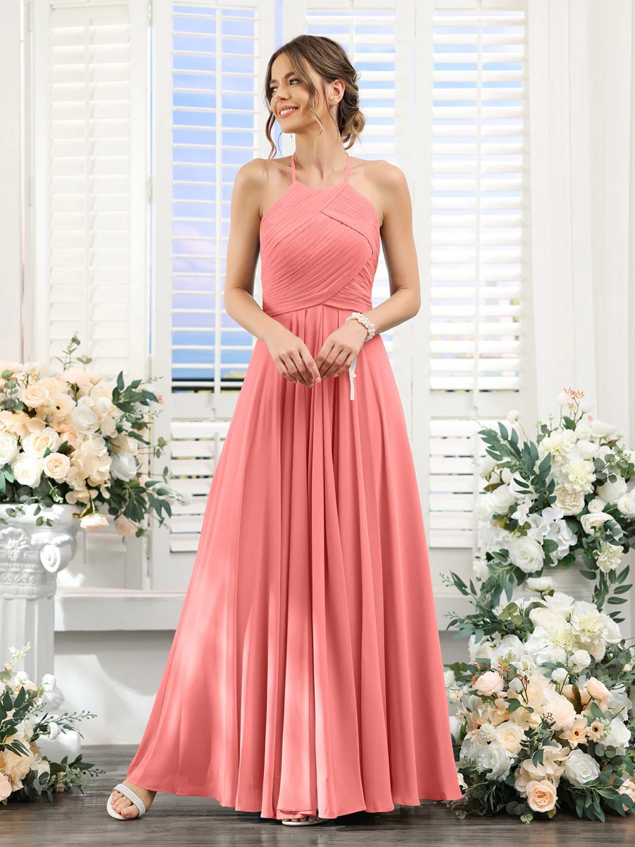 A-Line/Princess Halter Sleeveless Floor-Length Chiffon Bridesmaid Dresses with Ruched - Image 32