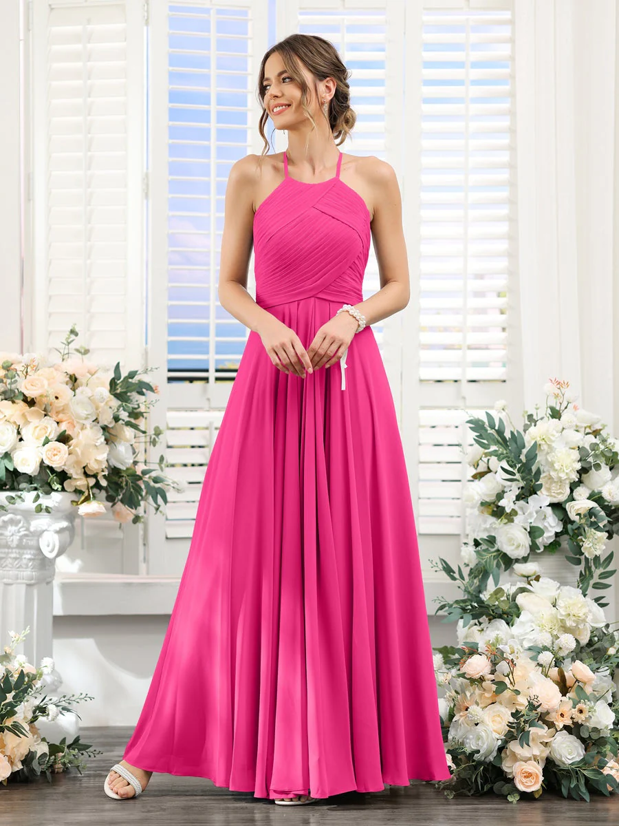 A-Line/Princess Halter Sleeveless Floor-Length Chiffon Bridesmaid Dresses with Ruched - Image 33