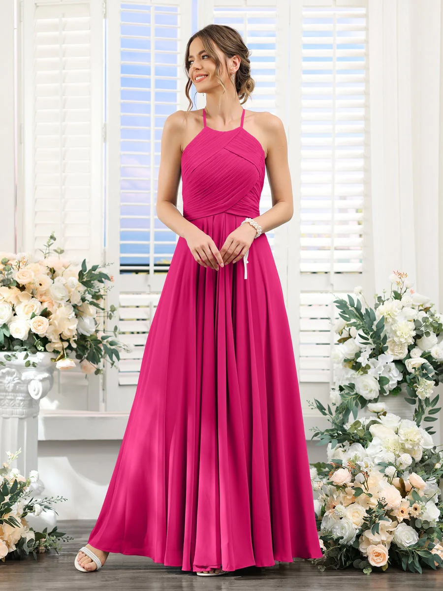 A-Line/Princess Halter Sleeveless Floor-Length Chiffon Bridesmaid Dresses with Ruched - Image 34