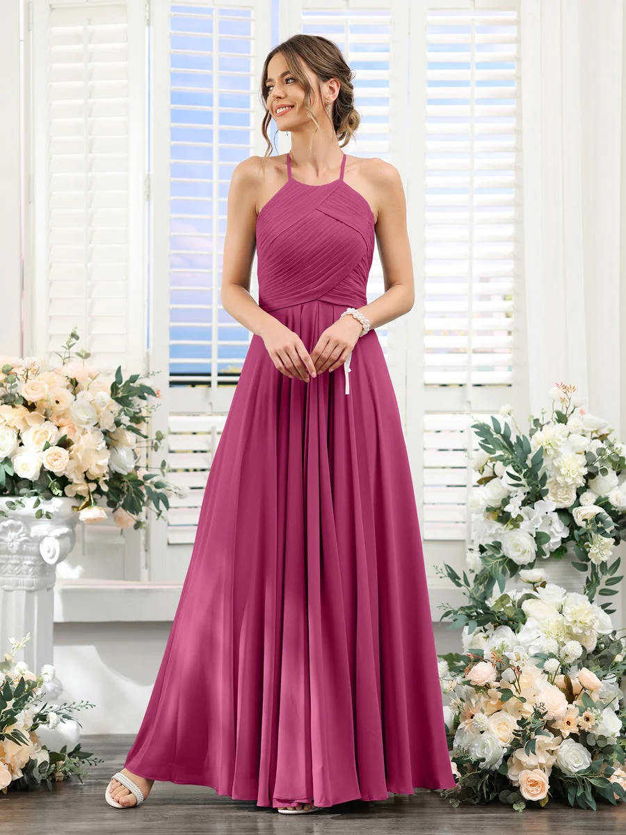A-Line/Princess Halter Sleeveless Floor-Length Chiffon Bridesmaid Dresses with Ruched - Image 35