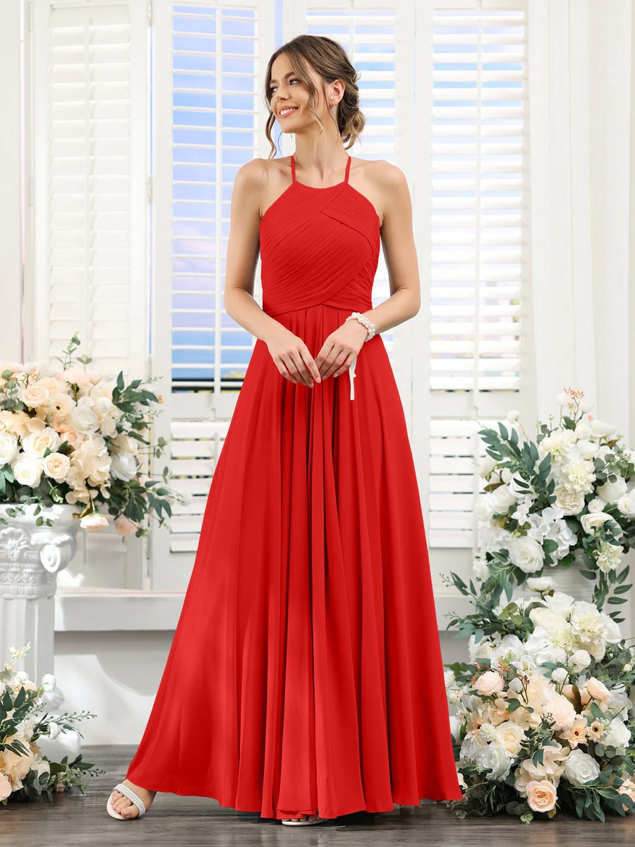 A-Line/Princess Halter Sleeveless Floor-Length Chiffon Bridesmaid Dresses with Ruched - Image 36