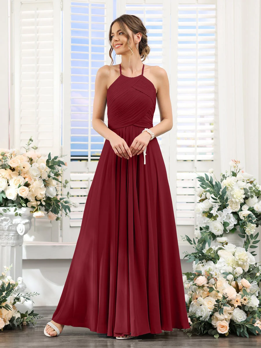 A-Line/Princess Halter Sleeveless Floor-Length Chiffon Bridesmaid Dresses with Ruched - Image 37