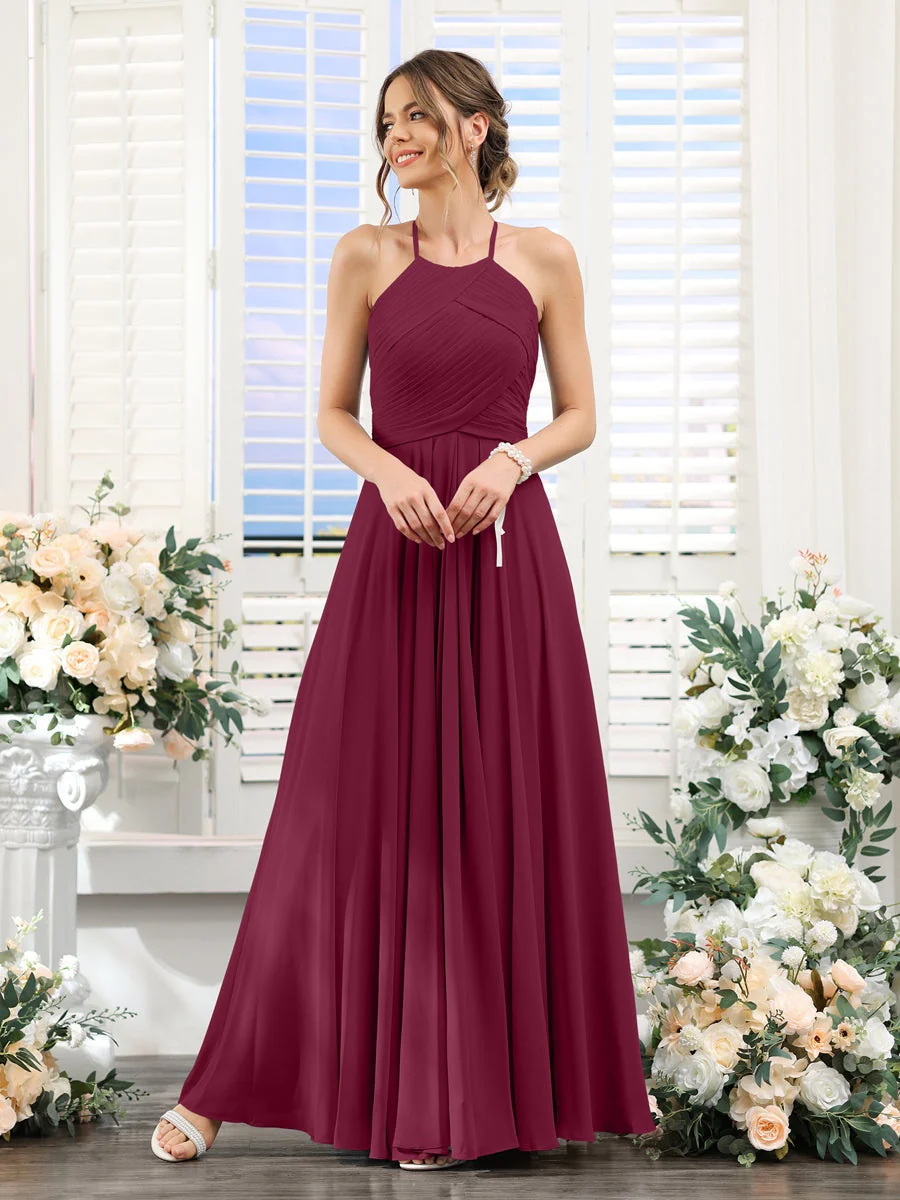 A-Line/Princess Halter Sleeveless Floor-Length Chiffon Bridesmaid Dresses with Ruched - Image 38