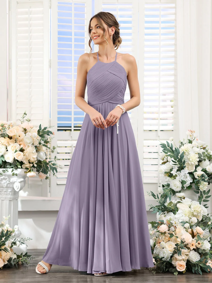 A-Line/Princess Halter Sleeveless Floor-Length Chiffon Bridesmaid Dresses with Ruched - Image 39