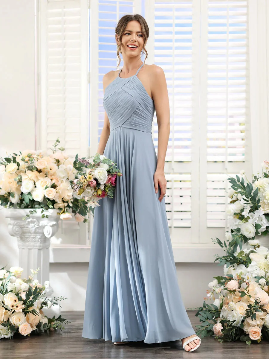 A-Line/Princess Halter Sleeveless Floor-Length Chiffon Bridesmaid Dresses with Ruched - Image 4