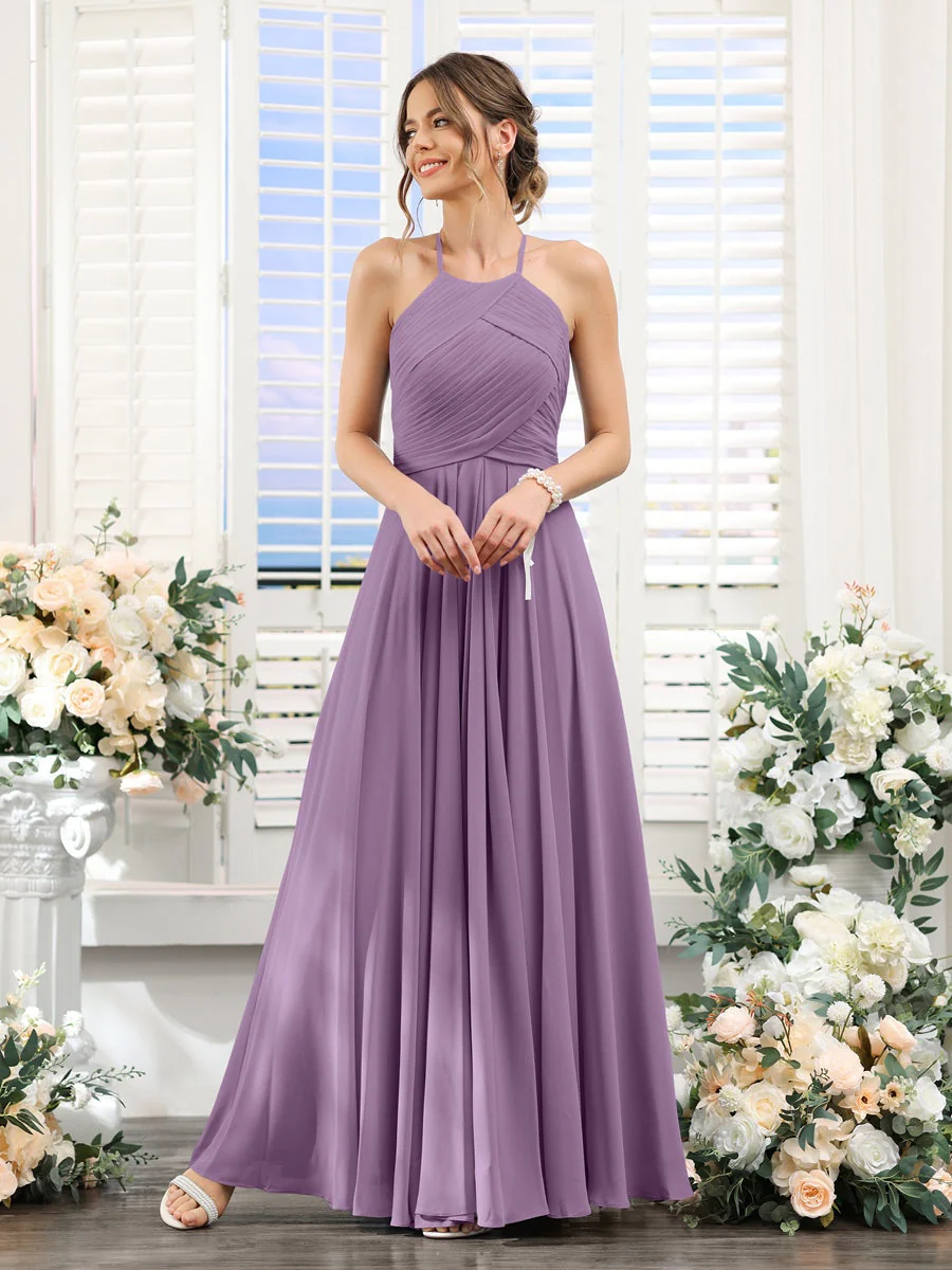 A-Line/Princess Halter Sleeveless Floor-Length Chiffon Bridesmaid Dresses with Ruched - Image 40