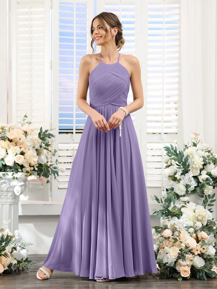 A-Line/Princess Halter Sleeveless Floor-Length Chiffon Bridesmaid Dresses with Ruched - Image 41