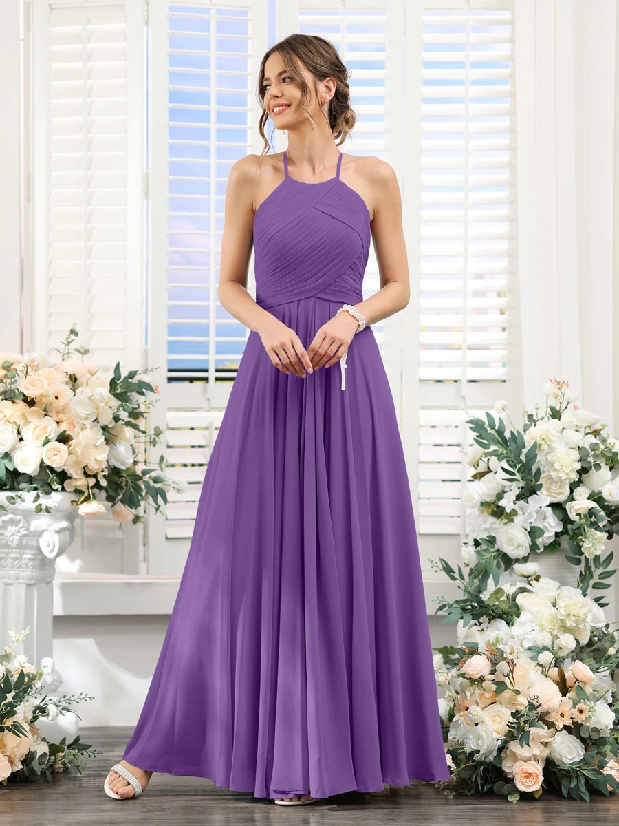 A-Line/Princess Halter Sleeveless Floor-Length Chiffon Bridesmaid Dresses with Ruched - Image 42
