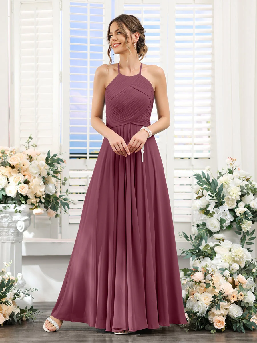 A-Line/Princess Halter Sleeveless Floor-Length Chiffon Bridesmaid Dresses with Ruched - Image 43