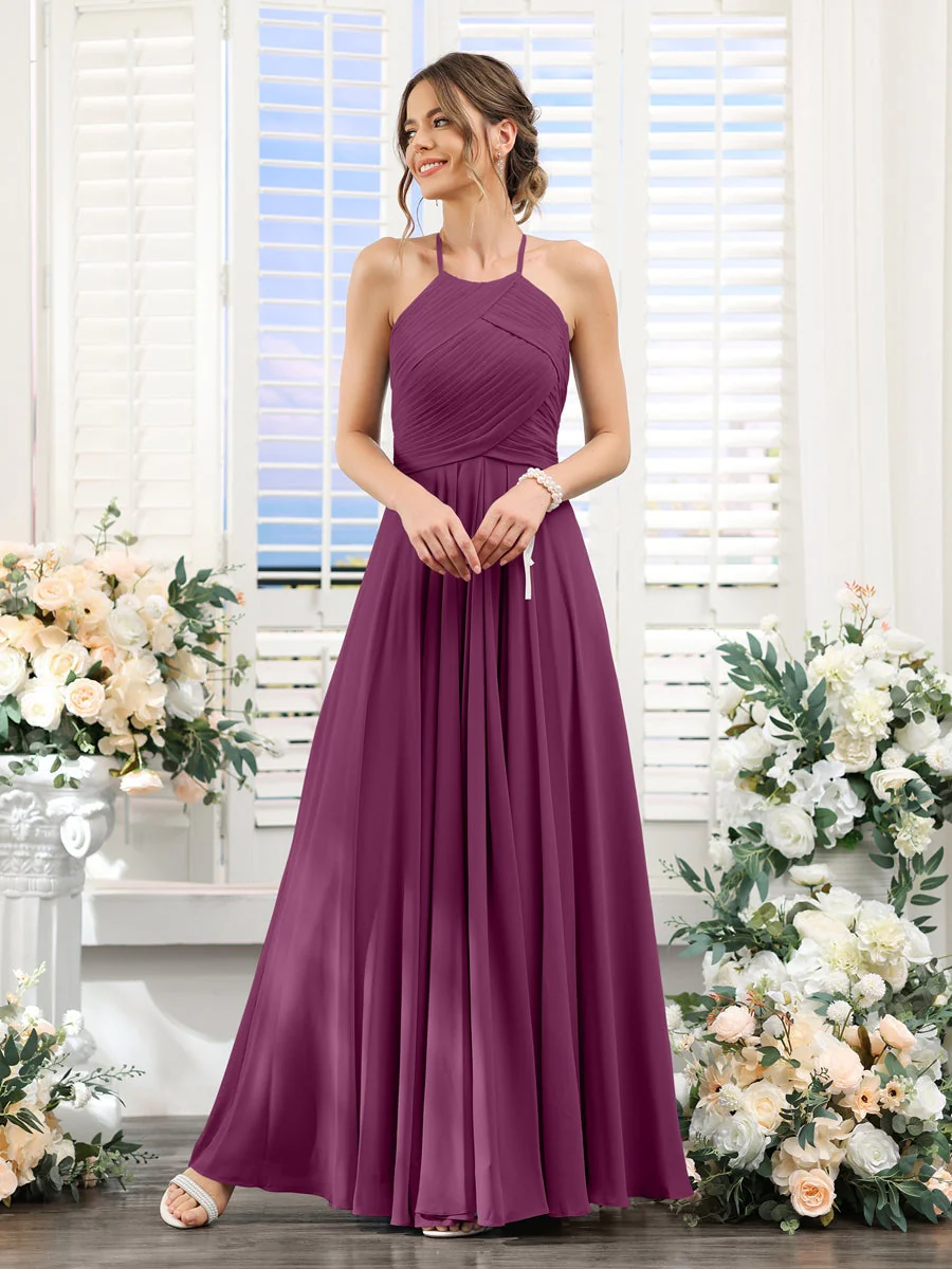 A-Line/Princess Halter Sleeveless Floor-Length Chiffon Bridesmaid Dresses with Ruched - Image 44