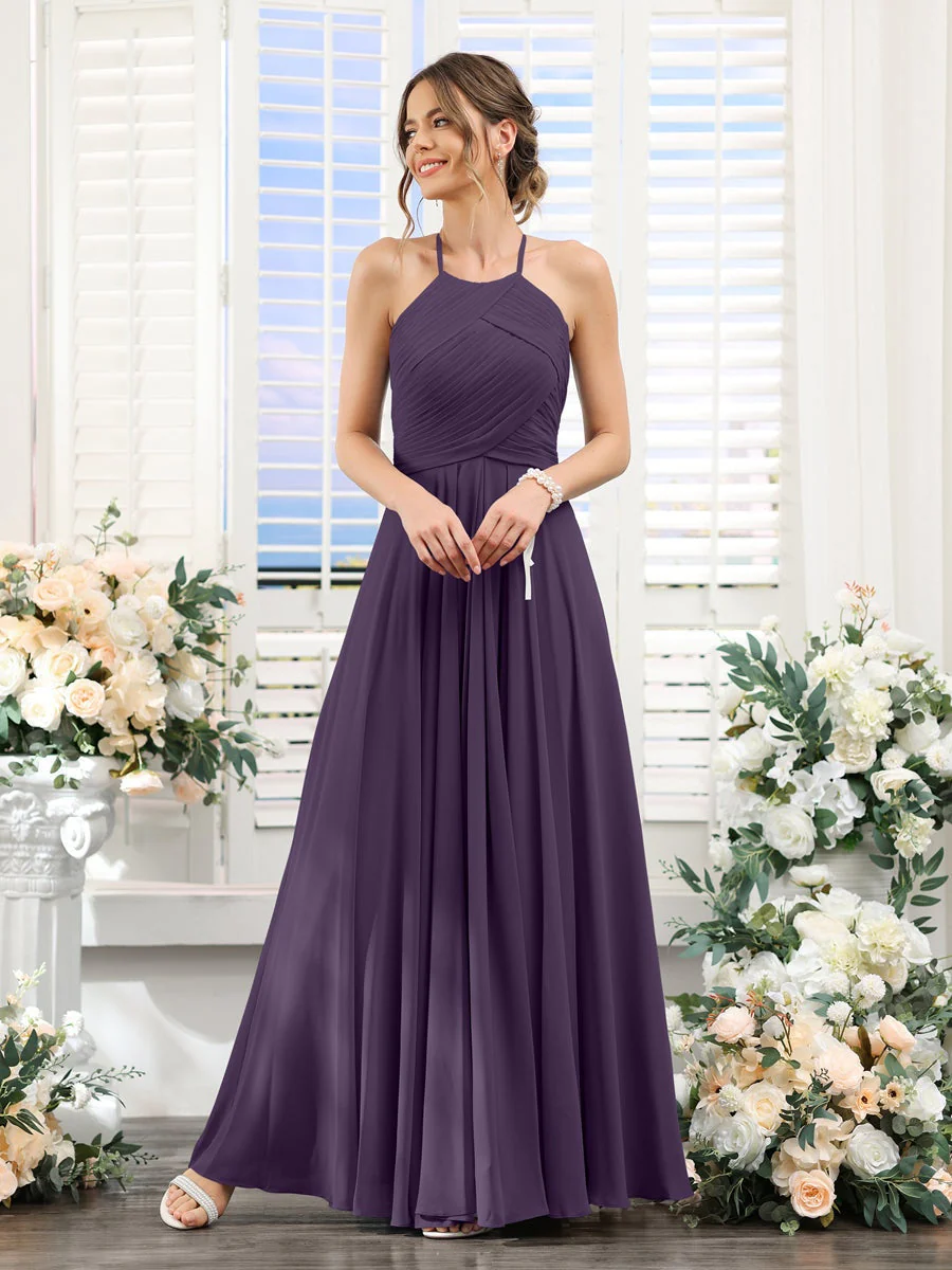 A-Line/Princess Halter Sleeveless Floor-Length Chiffon Bridesmaid Dresses with Ruched - Image 45