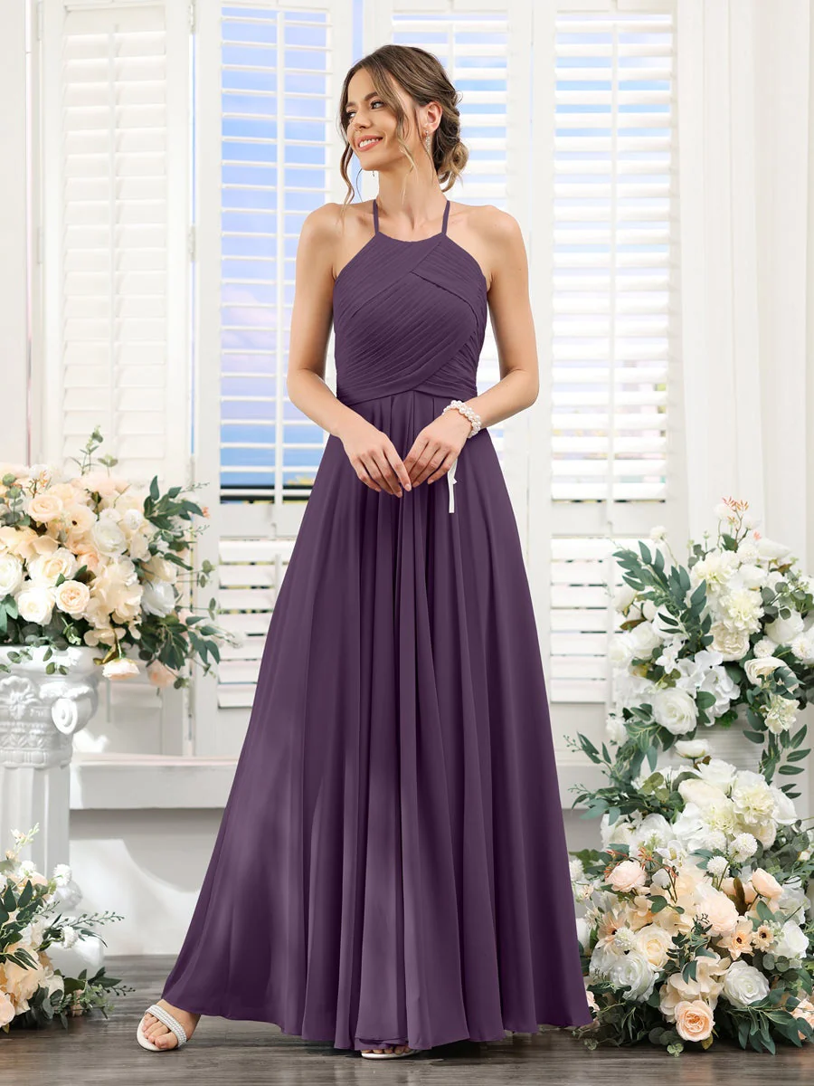 A-Line/Princess Halter Sleeveless Floor-Length Chiffon Bridesmaid Dresses with Ruched - Image 46