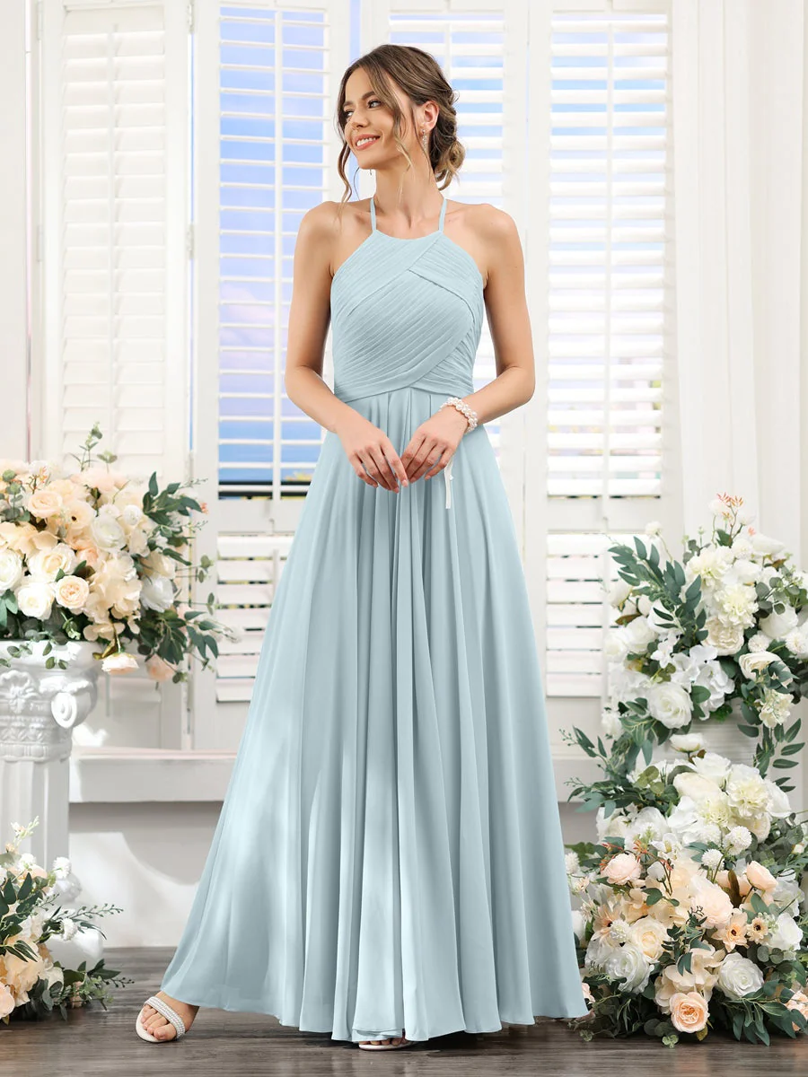 A-Line/Princess Halter Sleeveless Floor-Length Chiffon Bridesmaid Dresses with Ruched - Image 47