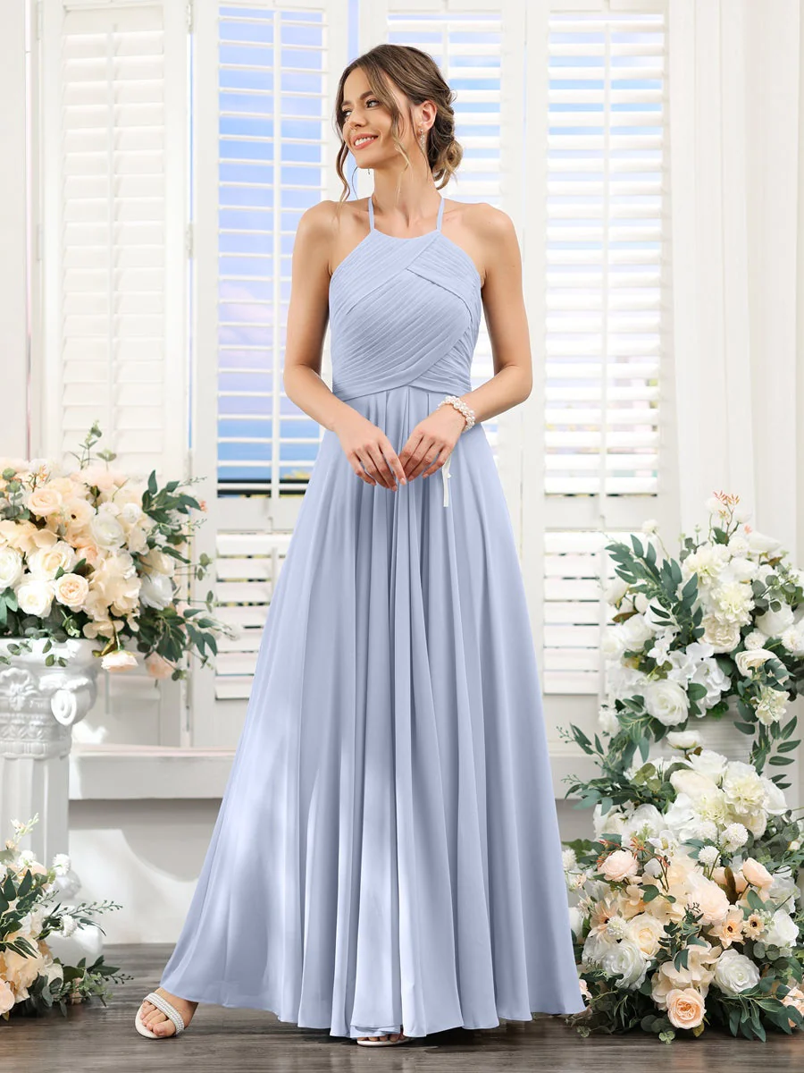 A-Line/Princess Halter Sleeveless Floor-Length Chiffon Bridesmaid Dresses with Ruched - Image 48