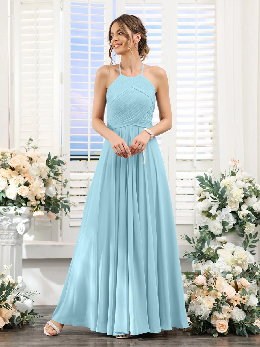 A-Line/Princess Halter Sleeveless Floor-Length Chiffon Bridesmaid Dresses with Ruched - Image 49