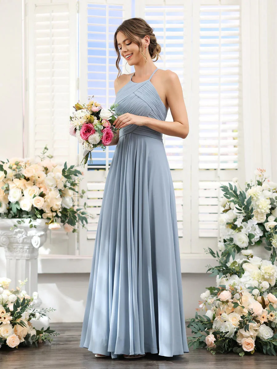 A-Line/Princess Halter Sleeveless Floor-Length Chiffon Bridesmaid Dresses with Ruched - Image 5