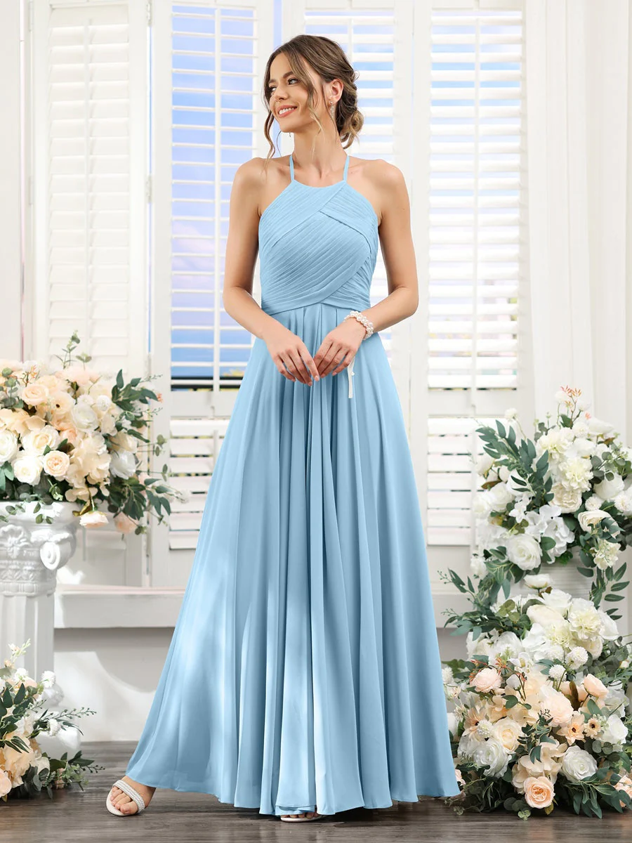 A-Line/Princess Halter Sleeveless Floor-Length Chiffon Bridesmaid Dresses with Ruched - Image 50