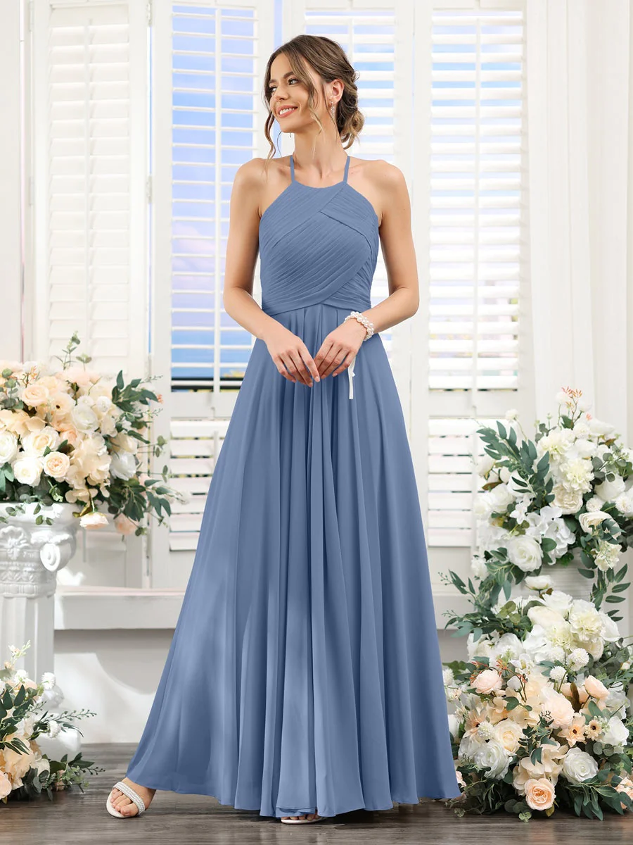 A-Line/Princess Halter Sleeveless Floor-Length Chiffon Bridesmaid Dresses with Ruched - Image 51