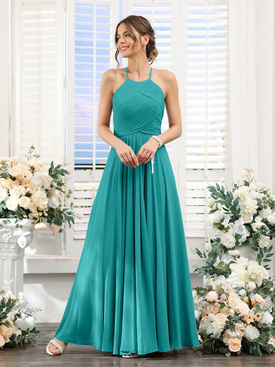 A-Line/Princess Halter Sleeveless Floor-Length Chiffon Bridesmaid Dresses with Ruched - Image 52