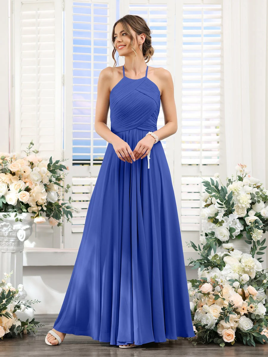 A-Line/Princess Halter Sleeveless Floor-Length Chiffon Bridesmaid Dresses with Ruched - Image 54