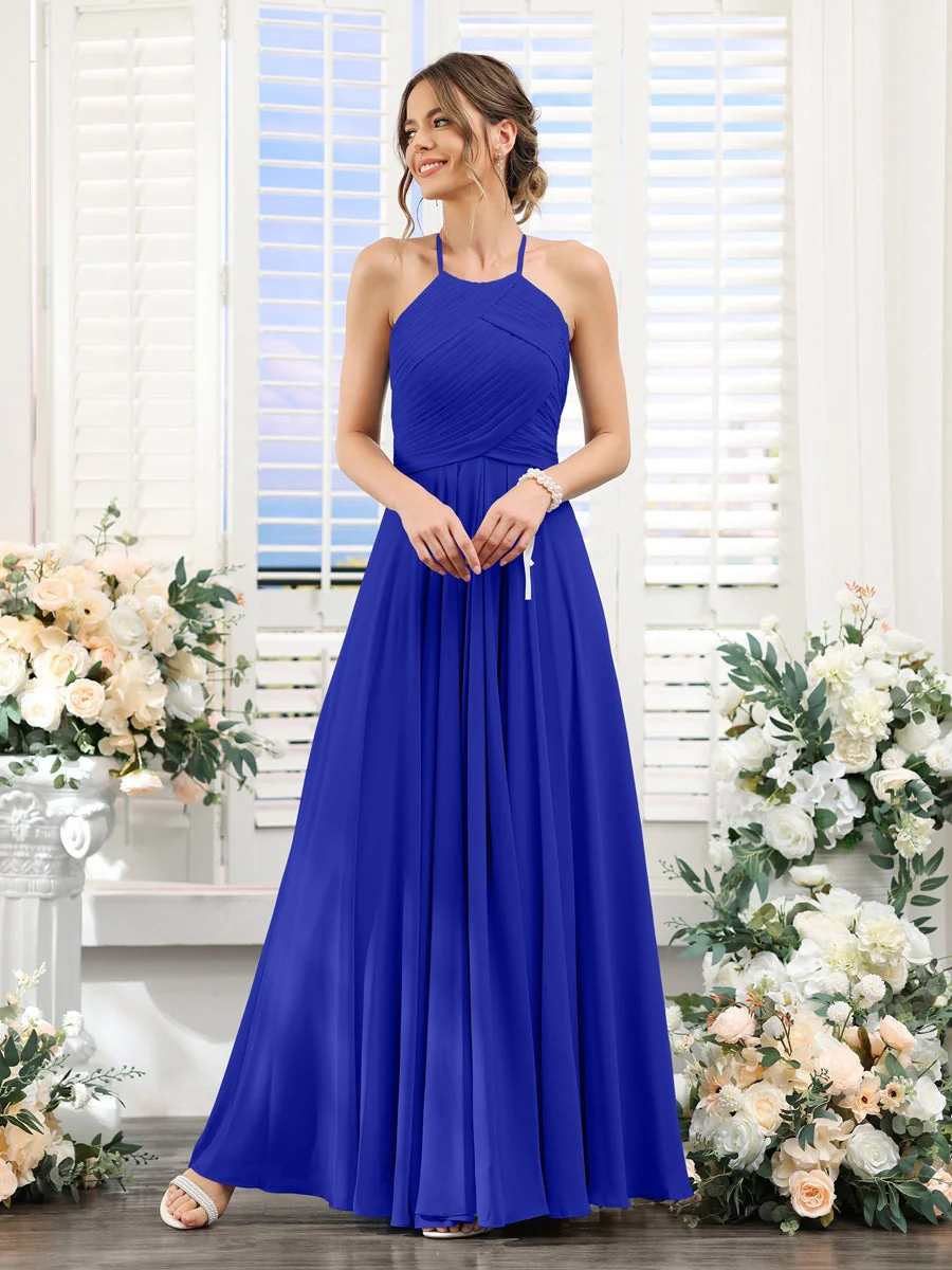 A-Line/Princess Halter Sleeveless Floor-Length Chiffon Bridesmaid Dresses with Ruched - Image 55