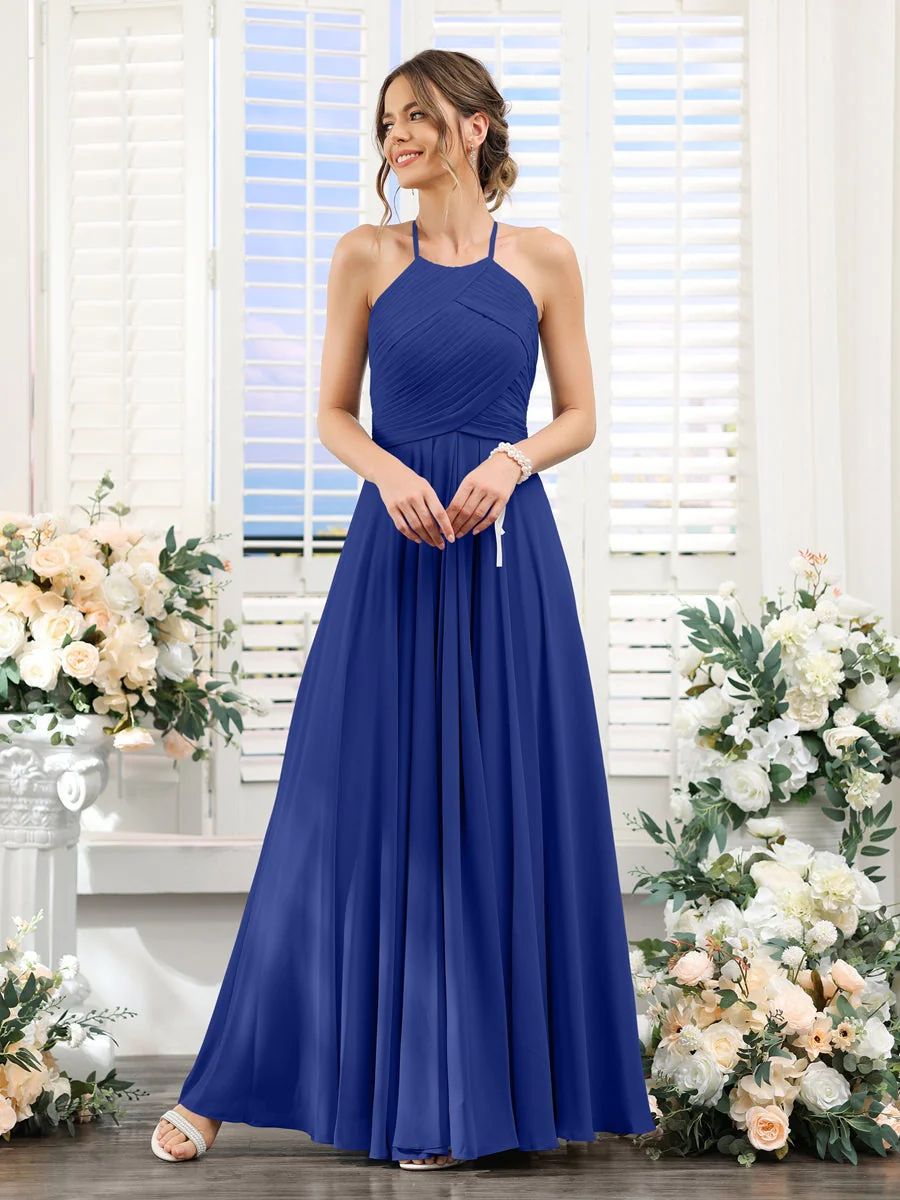 A-Line/Princess Halter Sleeveless Floor-Length Chiffon Bridesmaid Dresses with Ruched - Image 56