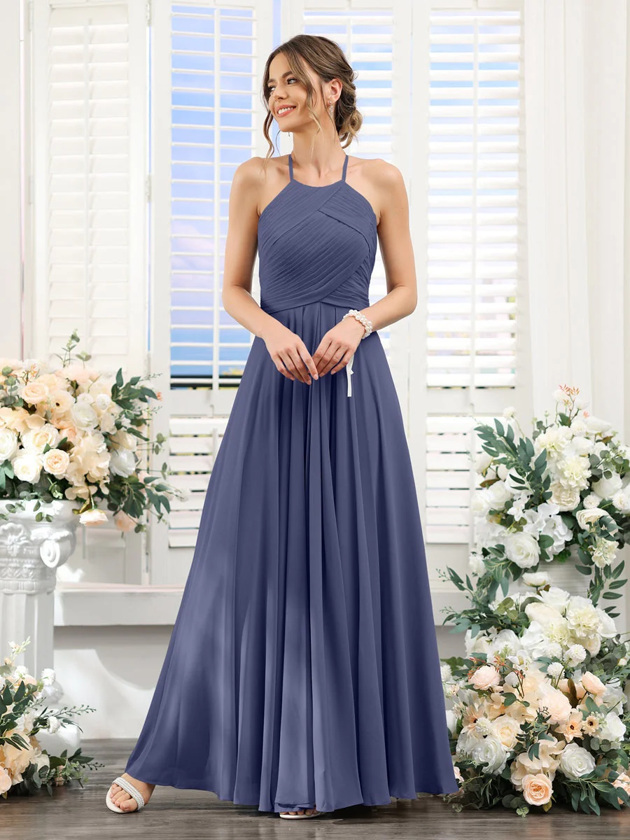 A-Line/Princess Halter Sleeveless Floor-Length Chiffon Bridesmaid Dresses with Ruched - Image 57