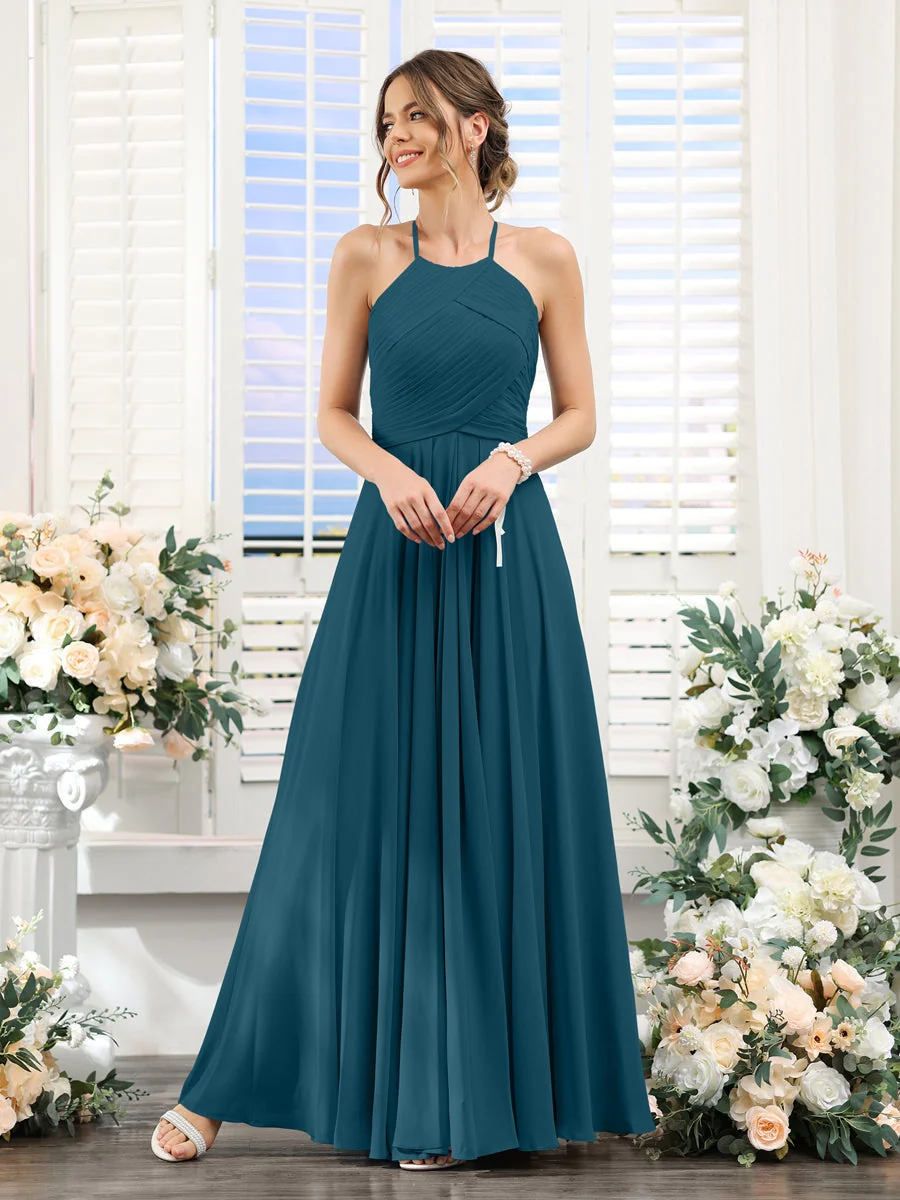 A-Line/Princess Halter Sleeveless Floor-Length Chiffon Bridesmaid Dresses with Ruched - Image 58