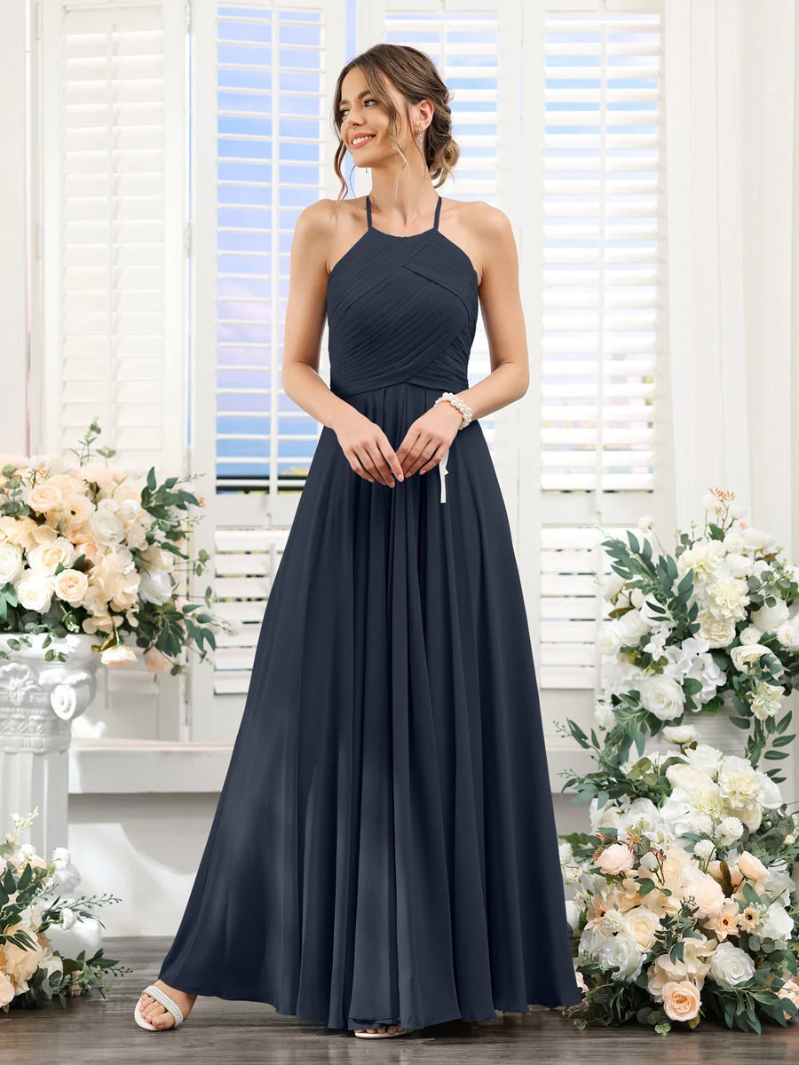 A-Line/Princess Halter Sleeveless Floor-Length Chiffon Bridesmaid Dresses with Ruched - Image 59