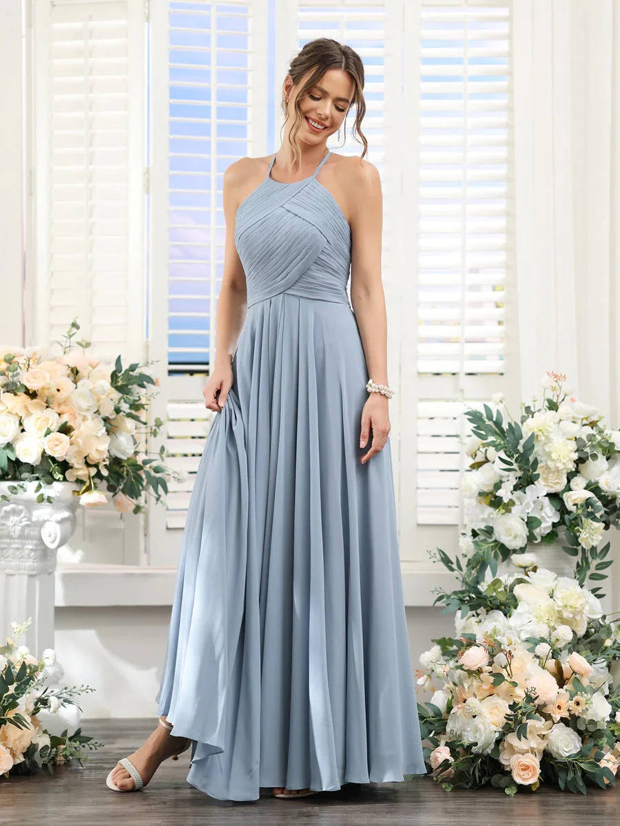 A-Line/Princess Halter Sleeveless Floor-Length Chiffon Bridesmaid Dresses with Ruched - Image 6