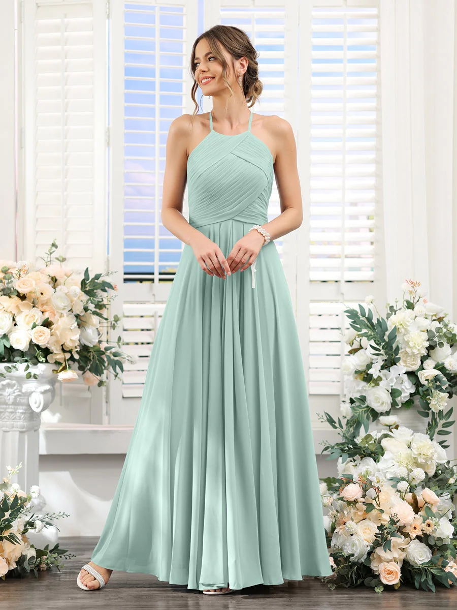 A-Line/Princess Halter Sleeveless Floor-Length Chiffon Bridesmaid Dresses with Ruched - Image 60