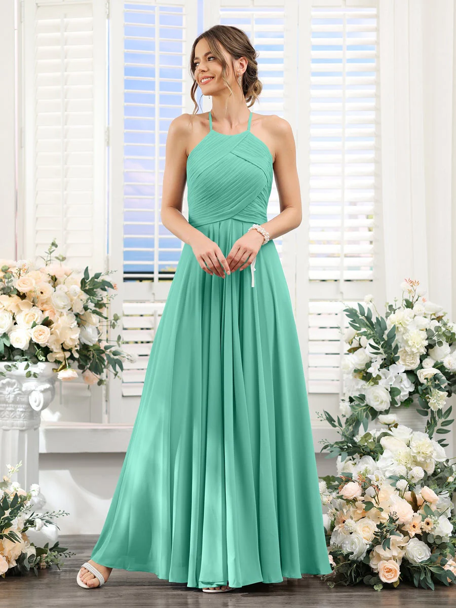 A-Line/Princess Halter Sleeveless Floor-Length Chiffon Bridesmaid Dresses with Ruched - Image 62