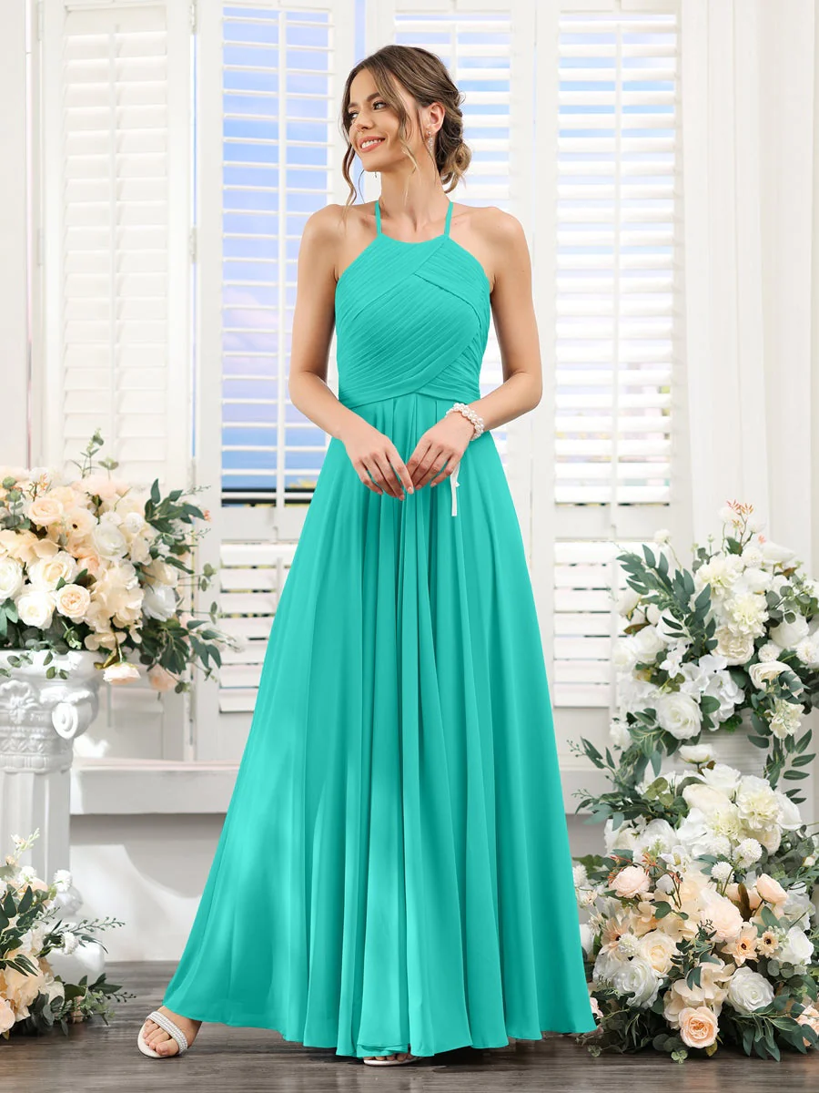 A-Line/Princess Halter Sleeveless Floor-Length Chiffon Bridesmaid Dresses with Ruched - Image 63