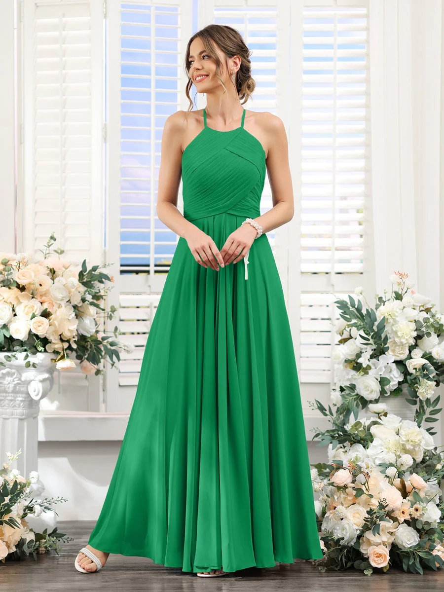 A-Line/Princess Halter Sleeveless Floor-Length Chiffon Bridesmaid Dresses with Ruched - Image 64