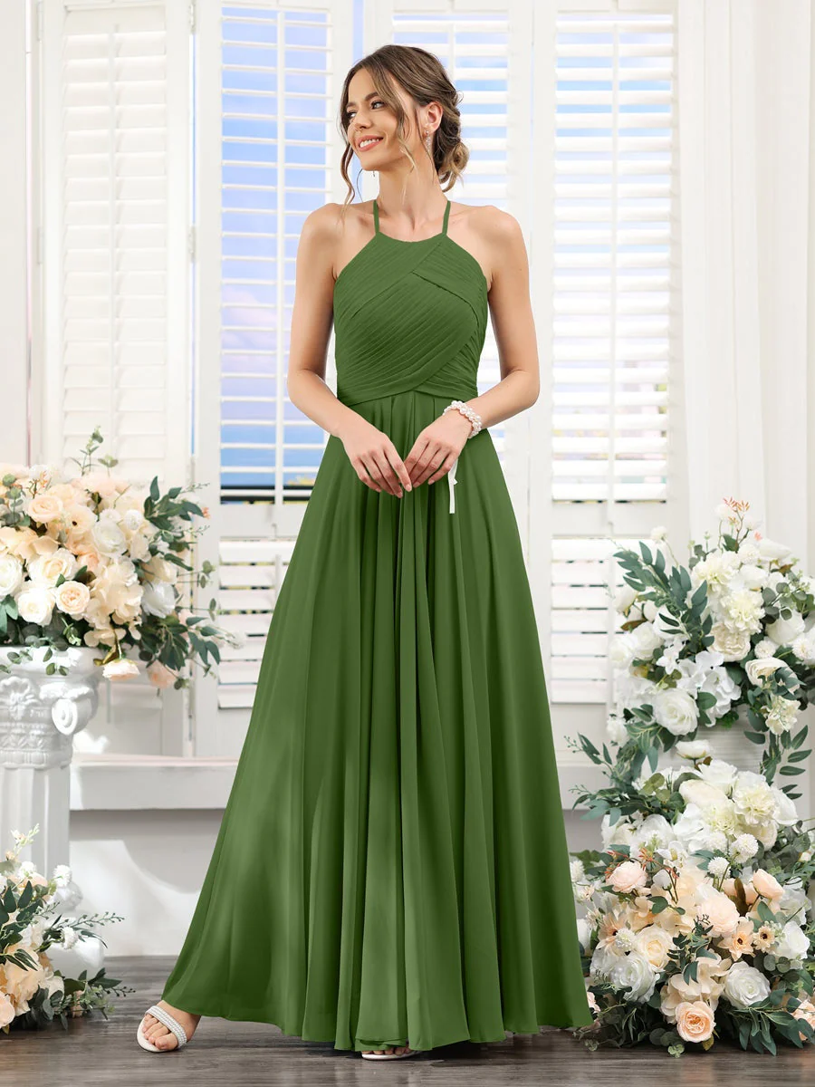 A-Line/Princess Halter Sleeveless Floor-Length Chiffon Bridesmaid Dresses with Ruched - Image 65
