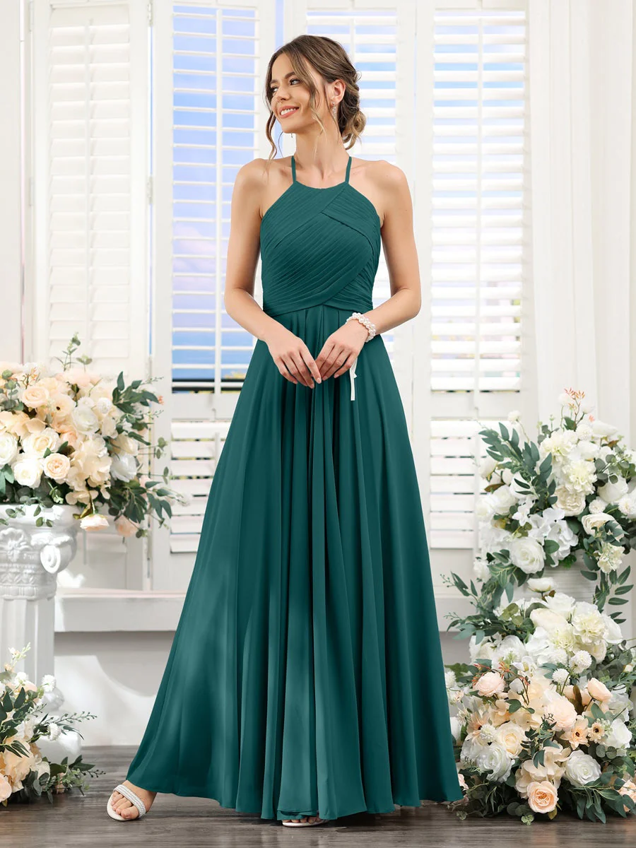 A-Line/Princess Halter Sleeveless Floor-Length Chiffon Bridesmaid Dresses with Ruched - Image 66