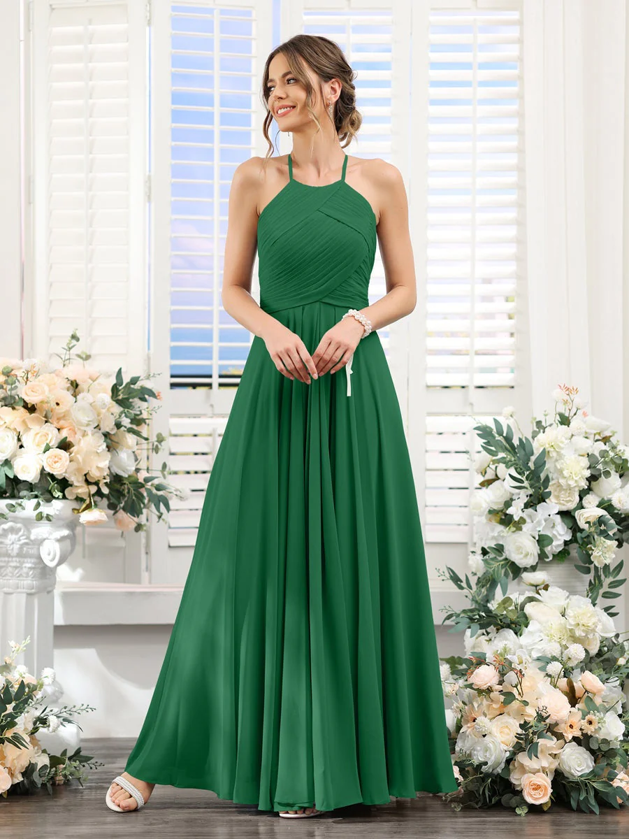 A-Line/Princess Halter Sleeveless Floor-Length Chiffon Bridesmaid Dresses with Ruched - Image 67