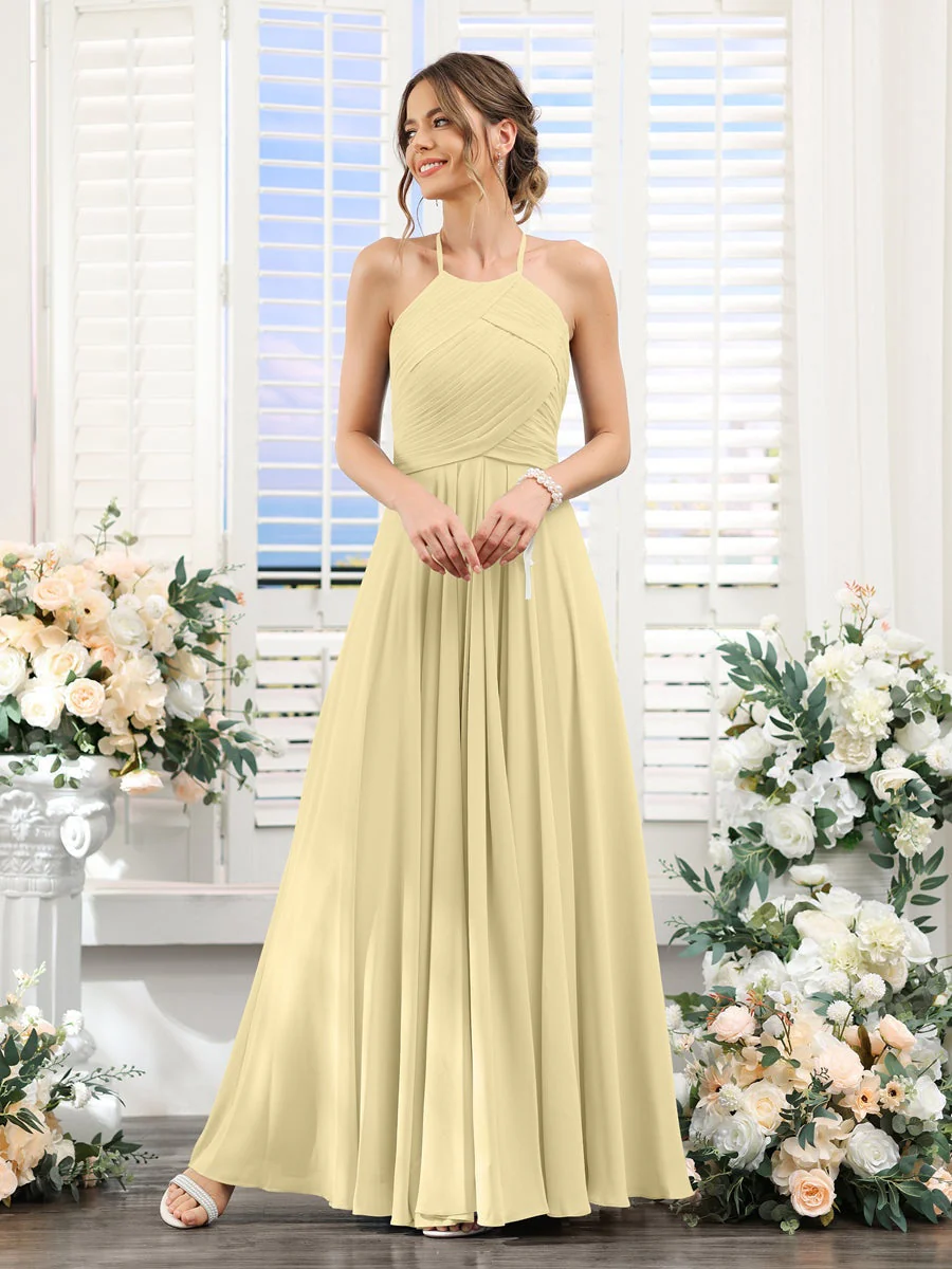A-Line/Princess Halter Sleeveless Floor-Length Chiffon Bridesmaid Dresses with Ruched - Image 68