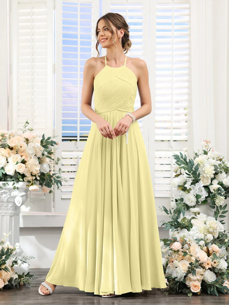 A-Line/Princess Halter Sleeveless Floor-Length Chiffon Bridesmaid Dresses with Ruched - Image 69
