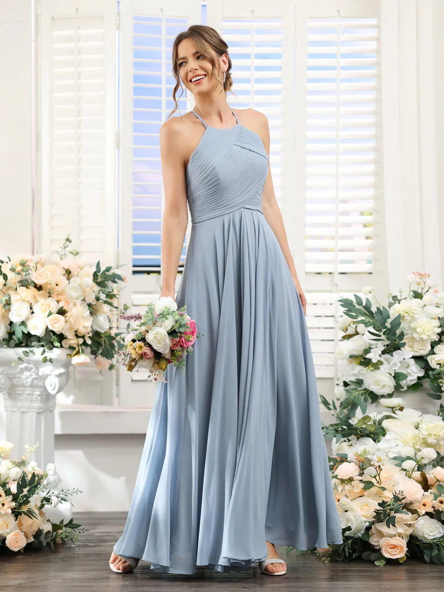 A-Line/Princess Halter Sleeveless Floor-Length Chiffon Bridesmaid Dresses with Ruched - Image 7