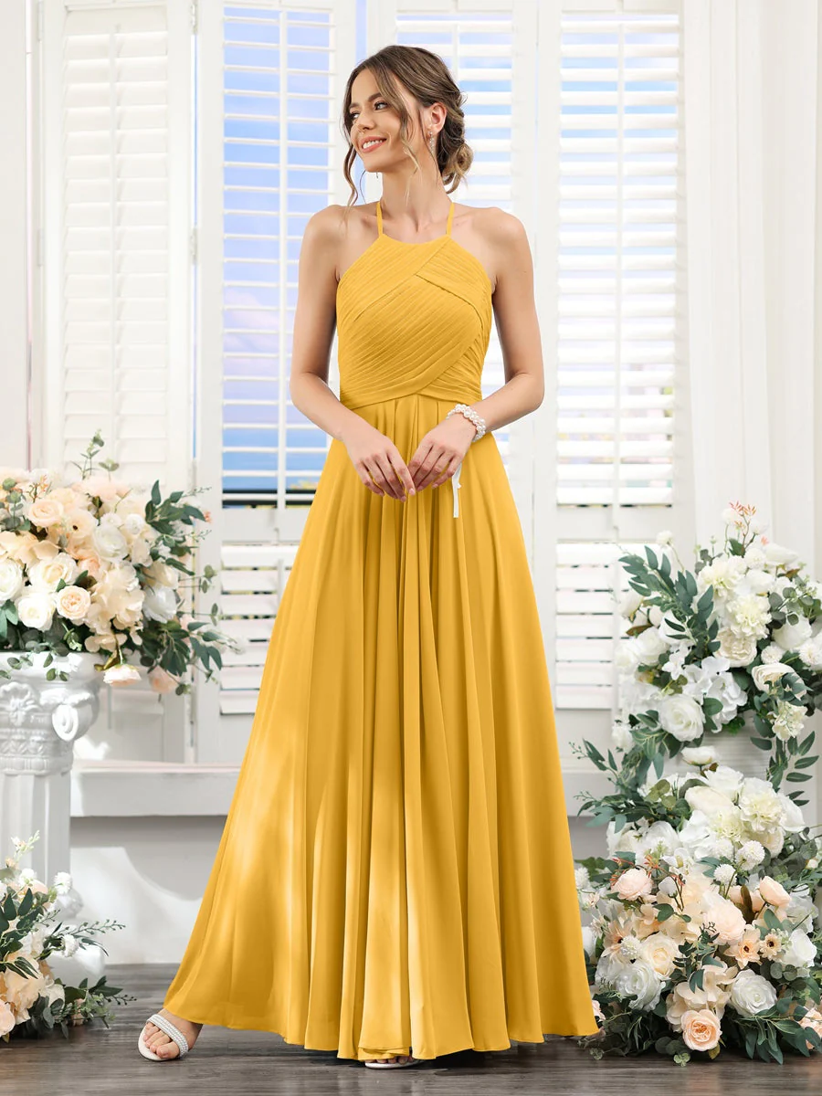 A-Line/Princess Halter Sleeveless Floor-Length Chiffon Bridesmaid Dresses with Ruched - Image 70