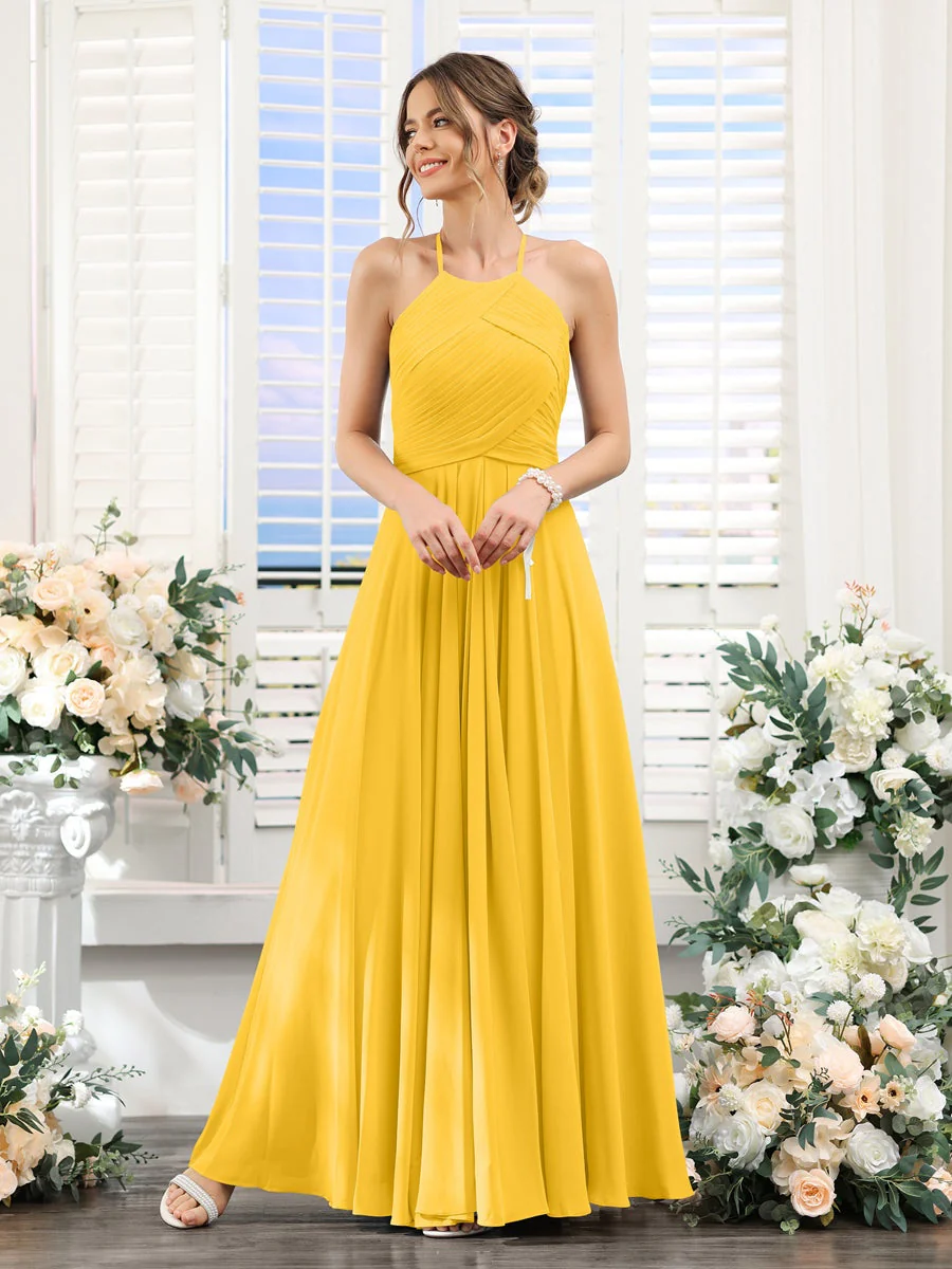 A-Line/Princess Halter Sleeveless Floor-Length Chiffon Bridesmaid Dresses with Ruched - Image 71