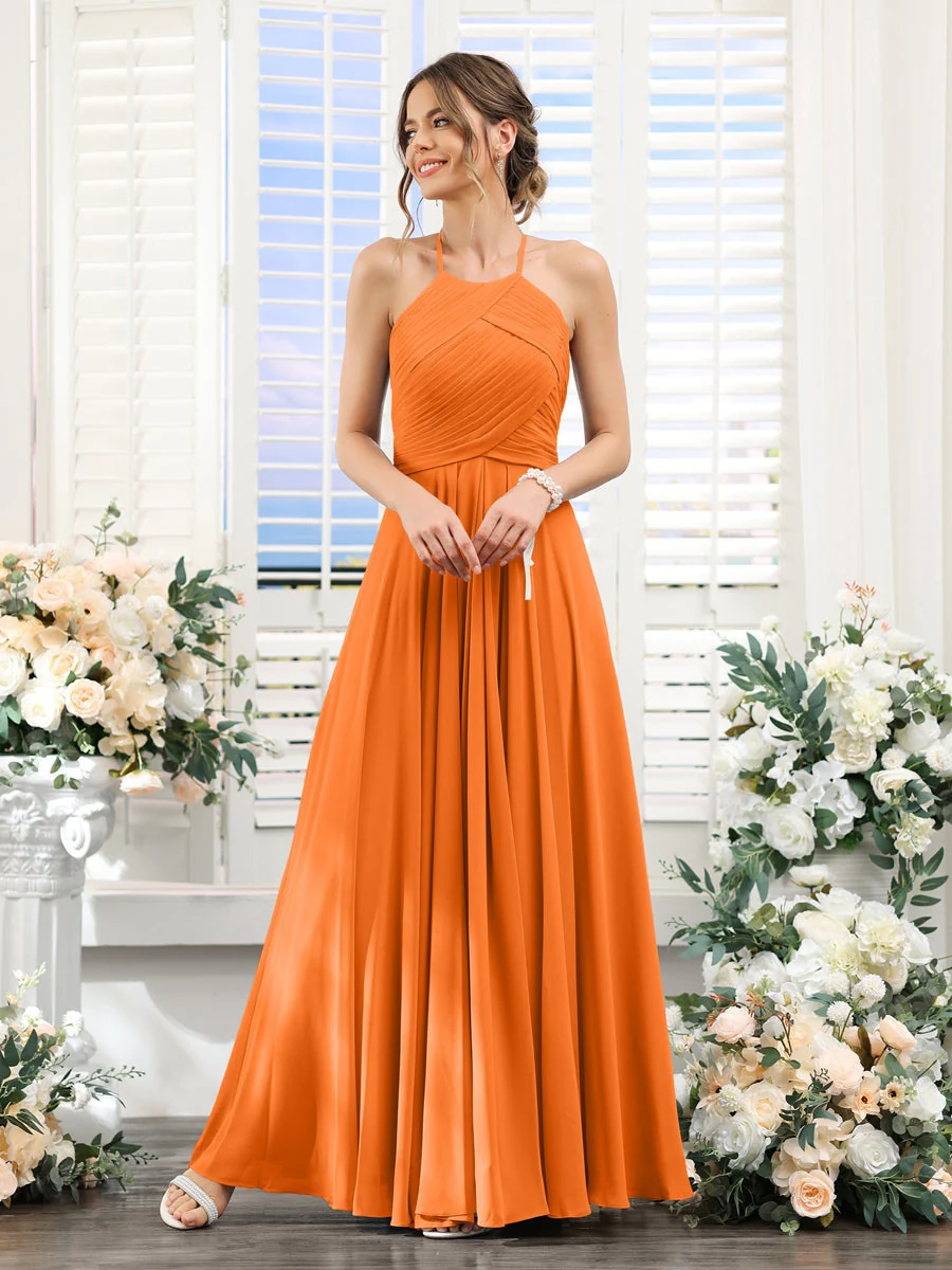 A-Line/Princess Halter Sleeveless Floor-Length Chiffon Bridesmaid Dresses with Ruched - Image 72