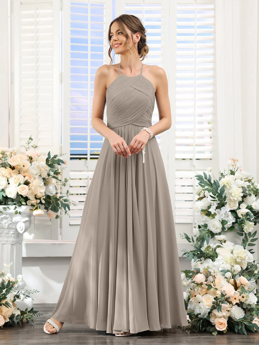 A-Line/Princess Halter Sleeveless Floor-Length Chiffon Bridesmaid Dresses with Ruched - Image 73