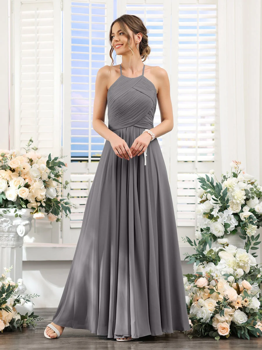 A-Line/Princess Halter Sleeveless Floor-Length Chiffon Bridesmaid Dresses with Ruched - Image 74