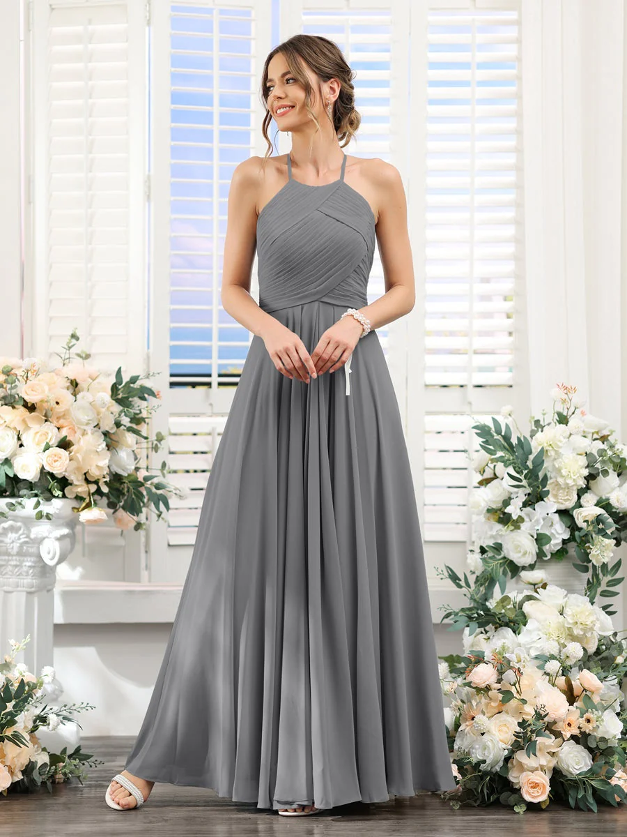 A-Line/Princess Halter Sleeveless Floor-Length Chiffon Bridesmaid Dresses with Ruched - Image 75