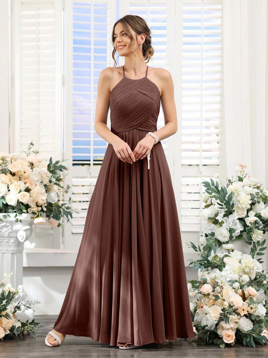 A-Line/Princess Halter Sleeveless Floor-Length Chiffon Bridesmaid Dresses with Ruched - Image 76